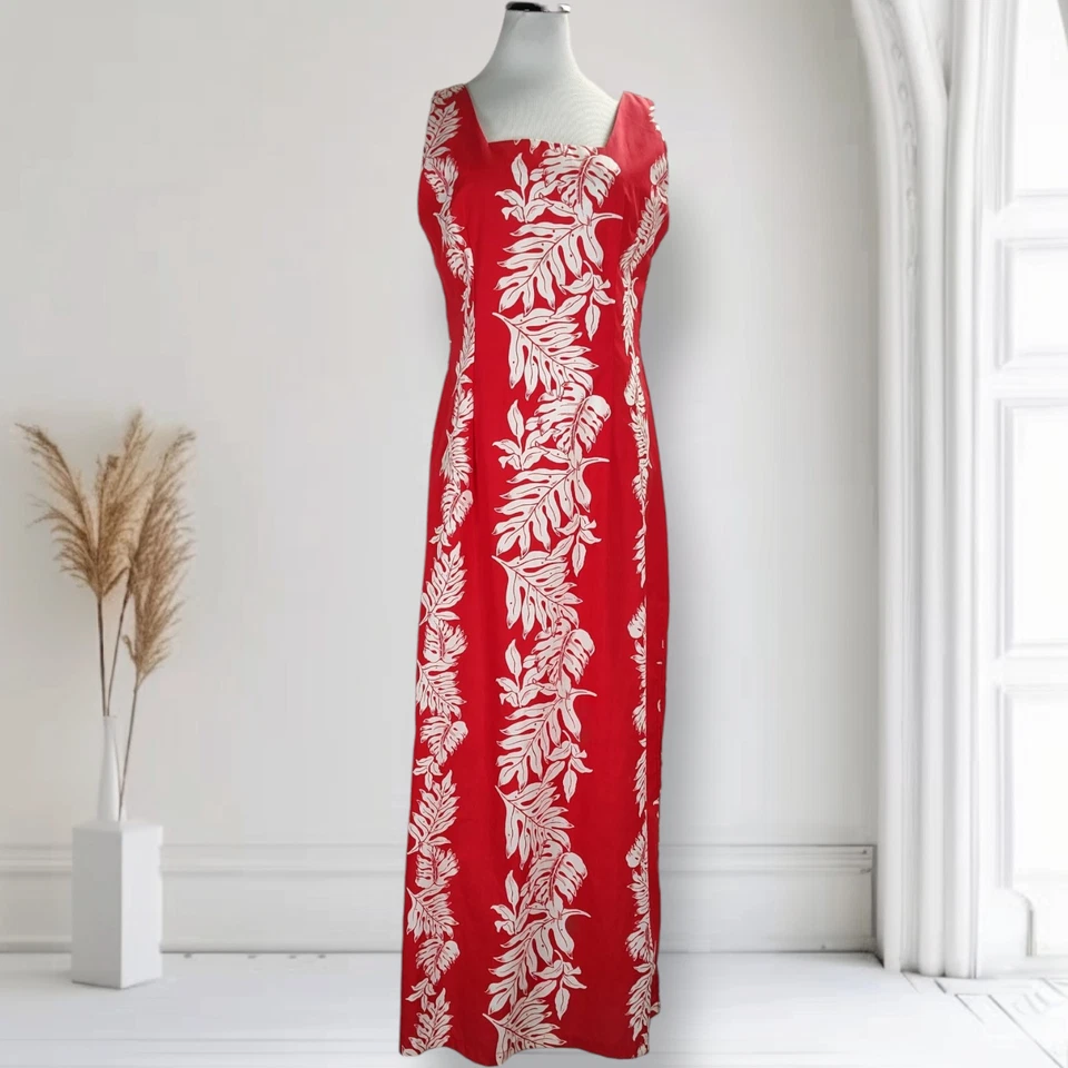 Vintage Royal Creations Maxi Sheath Dress Size M Red Leaf Print Square Neck Slit - Image 2 of 4