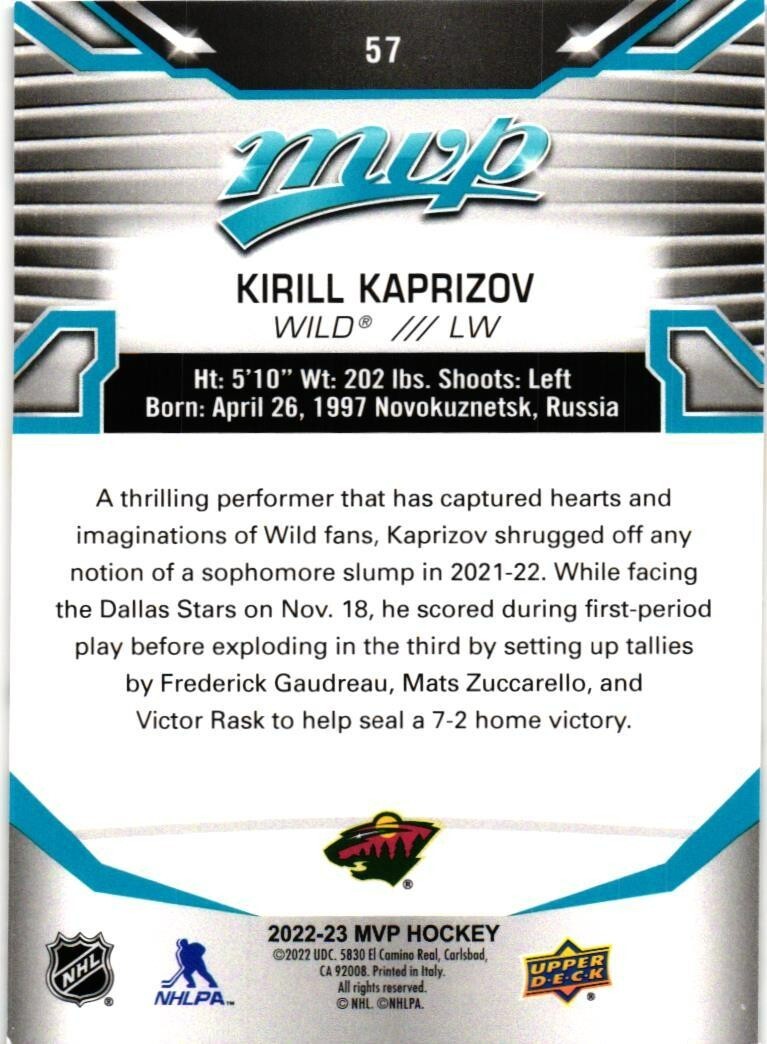 2022-23 UPPER DECK MVP KIRILL KAPRIZOV #57 HOCKEY CARD $0.99