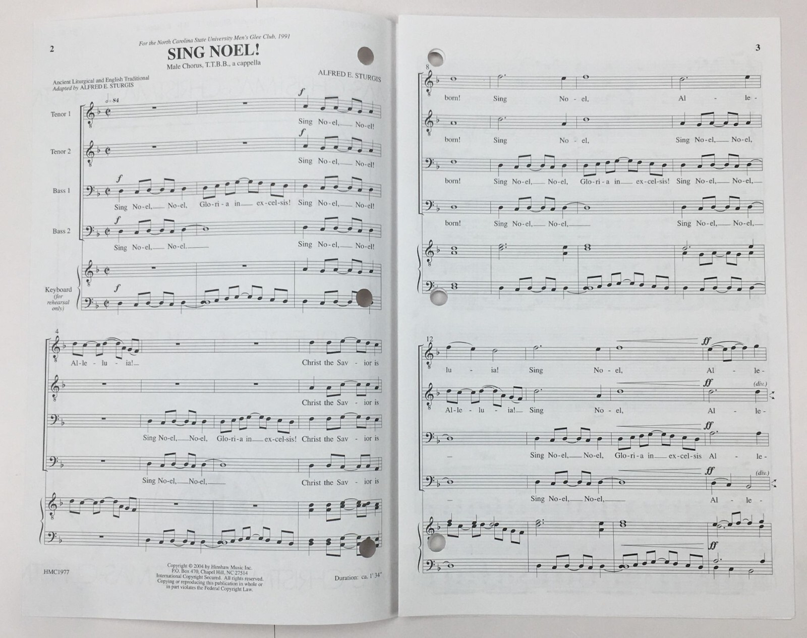Sing Noel TTBB Coro Tastiera Pianoforte Spartiti Alfred Sturgis Hinshaw Inc foto 2