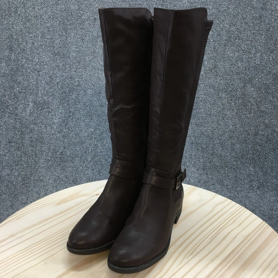 Style & Co Boots Womens 7.5 M Lucia Tall Riding Brown Faux Leather Block Zip - Image 3 of 4