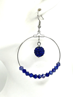 Stunning Deep BLUE Glass Beaded Stainless Steel HOOP Earrings with Pave Crystal