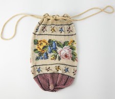 Antique French Glass Beaded Drawstring Floral Purse Some Damages