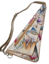 Vtg 80s Triangle Painted Abstract Art Leather Sling Hip Bag Retro