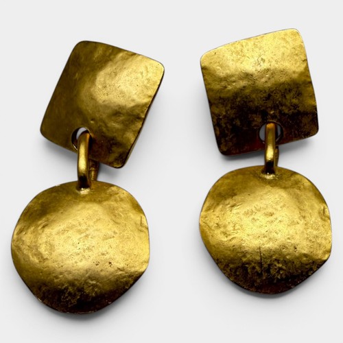 Vintage Gold Tone Geometric Dangle Earrings Hammered Textured Statement Earrings