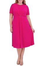 Jessica Howard Womens Plus Size Jewel-Neck Center-Pleat Midi Dress 14W Hot Pink