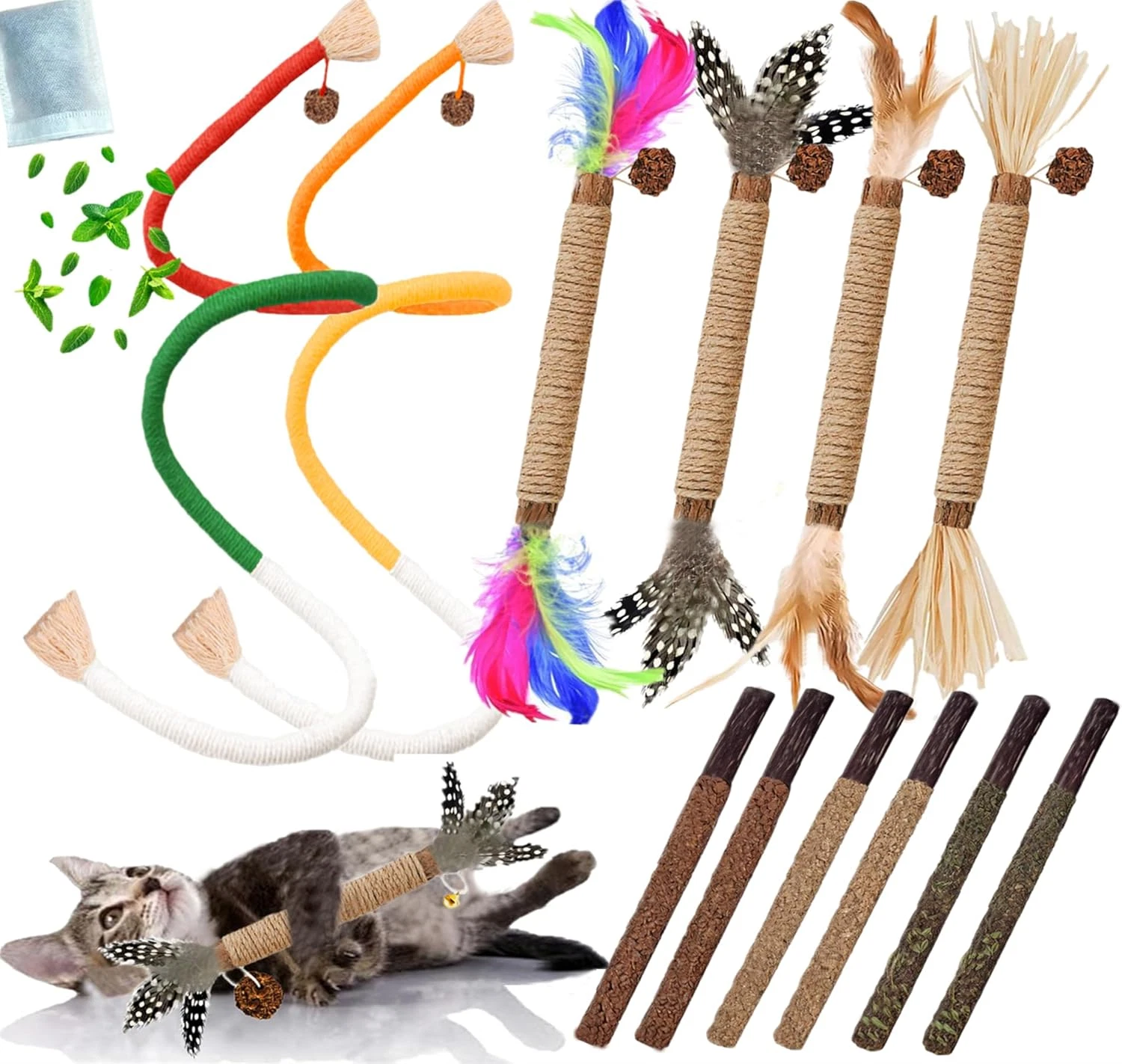 12pc Natural Silvervine Cat Toys Set Matatabi Catnip Chew Feather Toy 12pk