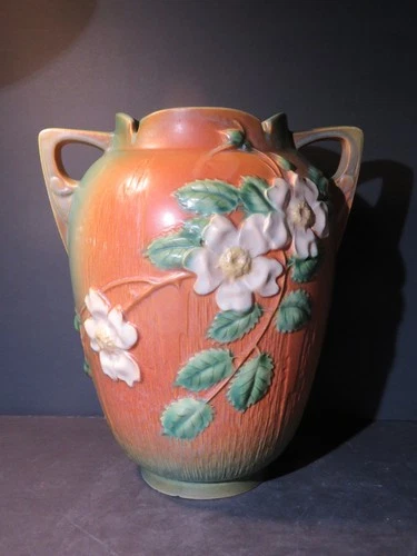 12.5" Roseville 2 Handled "White Rose" Pattern Vase