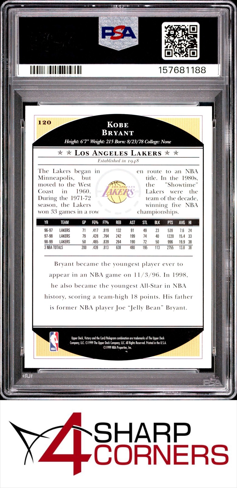 1999 UPPER DECK VICTORY #120 KOBE BRYANT LAKERS HOF PSA 10 view 2