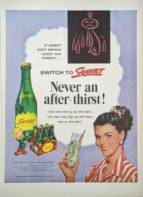 1954 Squirt Soda Print Ad, Classic 50's Advertisement Vintage Glass Bottle 