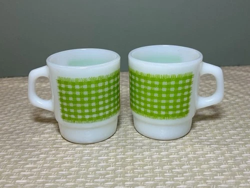 2 Vintage Anchor Hocking Fire King Gingham Green Milk Glass Mug Cups Nice!
