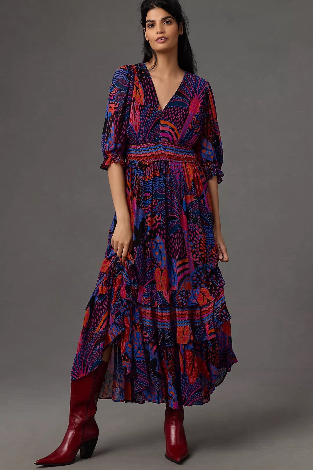 NWT Farm Rio Short-Sleeve V-Neck Tiered Ruffled Midi Dress Large MSRP $248