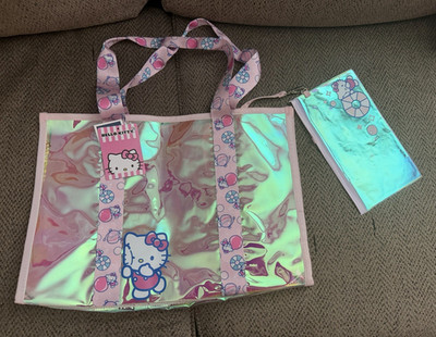 Hello Kitty Iridescent Pink Lightweight Plastic Tote Bag with Matching Pouch