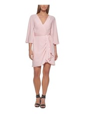 DKNY Womens Pink Tie Belt 3/4 Sleeve Above The Knee Party Faux Wrap Dress 2