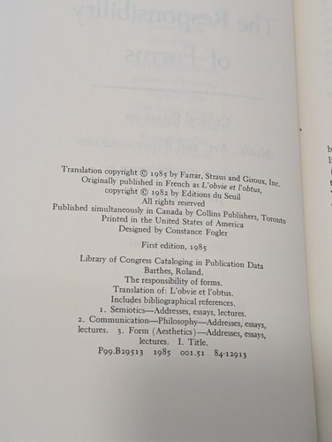 The Responsibility of Forms by Roland Barthes, 1985, 1st Ed, DJ HC - Afbeelding 9 van 12