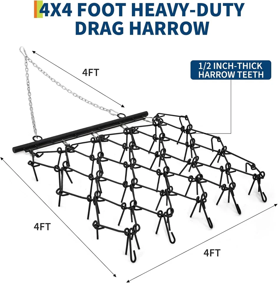 Grada de arrastre de acero de alta resistencia 4x4 5x4,5 pies, dientes de 1/2 3/8, remolque trasero ATV UTV Foto 3 de 4