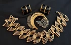 Vintage Trifari Monet Black Enamel & Gold Metal Bracelet Brooch Earrings Lot