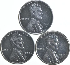 Wartime Steel Silver US 1943 P D S Set Lincoln Cent Coins WWII