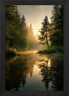 Gerahmtes Wandbild Poster Leinwanddruck Bild Sonnenaufgang Nebelwald See