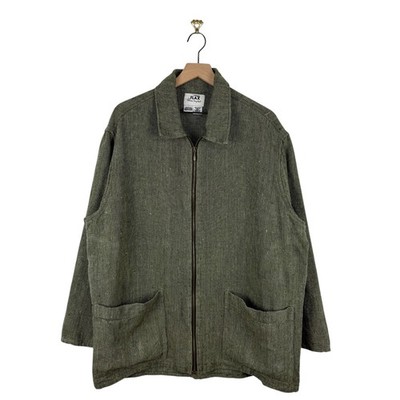 FLAX Linen Zip Up Jacket Green Sz M Textured Oversized Lagenlook Long Sleeve