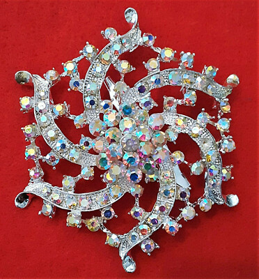 BIG Bold Spiral HEXAGON White AB Rhinestone SNOWFLAKE Swirl Christmas Brooch