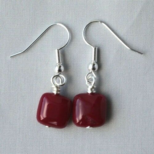 PINK / RED AGATE PUFFY SQUARE DROP EARRINGS ~ SILVER PLATED - Picture 1 of 1