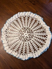 Vintage Large 22" White Doily Ruffle Border Blue Edge Handmade Centerpiece 
