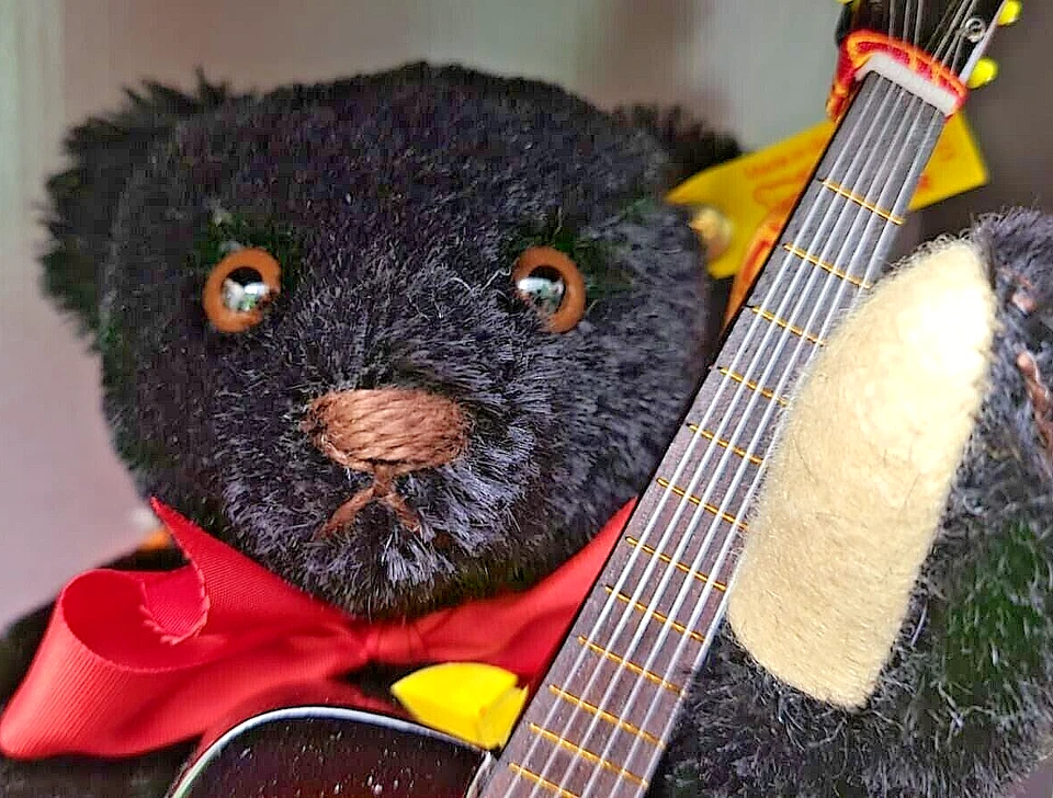 steiff 027529 - Bobby Musikteddy 25cm Mohair schwarz sitzend mGitarre KF OVP NEU - Bild 2 von 4