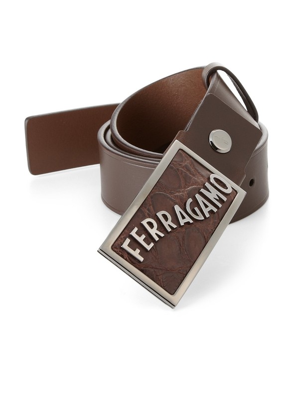 100% AUTHENTIC NEW MEN FERRAGAMO CROCODILE BUCKLE BROWN LEATHER BELT US 32/80