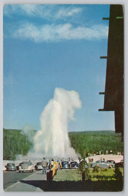 Postcard Old Faithful Geyser Yellowstone National Park WY, old cars, Posted 1957