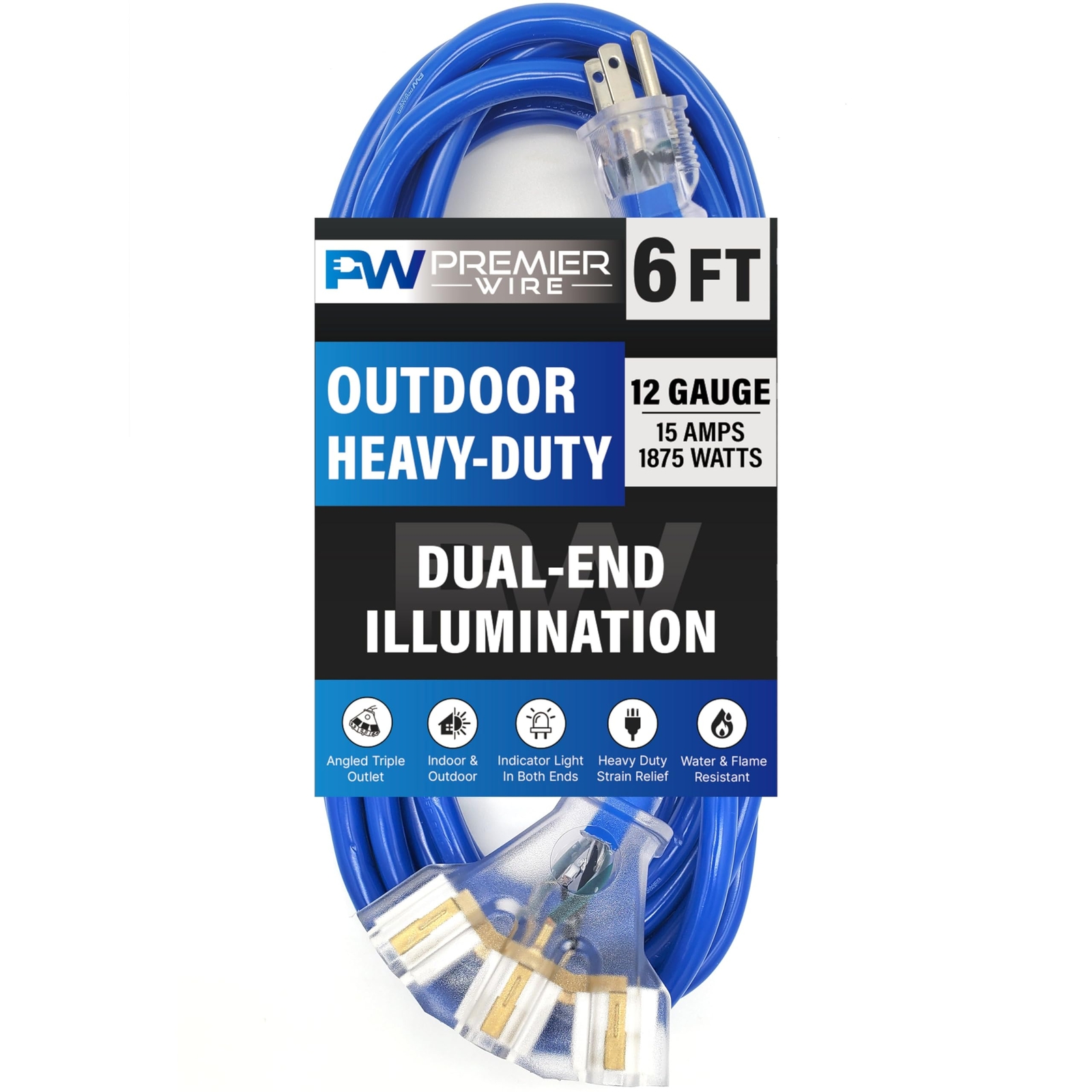 6 ft - 12 Gauge Heavy Duty Extension Cord - Lighted on Both Ends - SJTW Blue ...