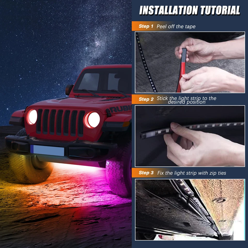 6PCS RGB LED Under Car Underglow body Light Strip Kit For Jeep JK & JKU Wrangler - Imagem 3 de 4
