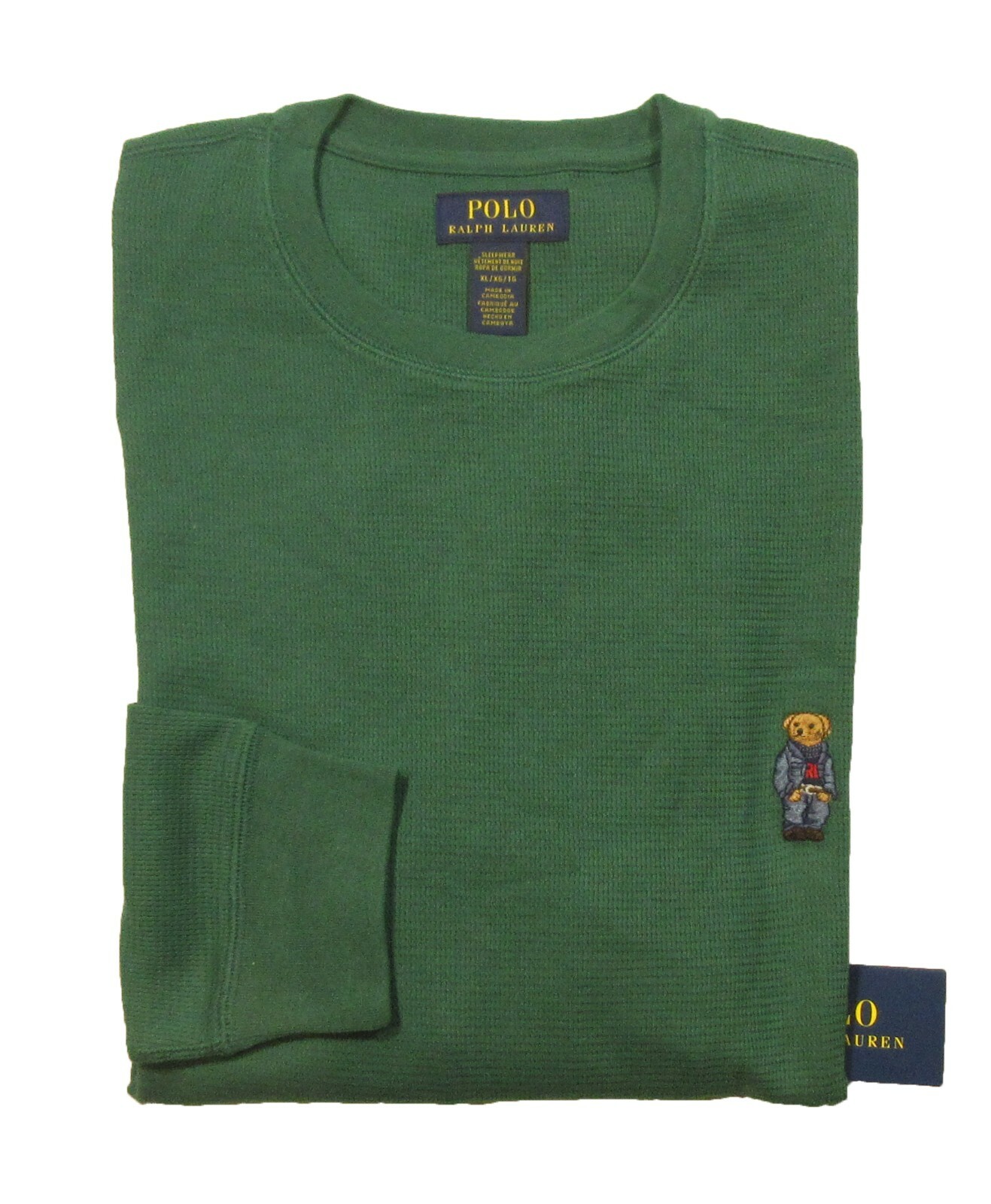 Polo Ralph Lauren Men's Green Denim Bear Waffle Knit Thermal Crew-Neck T-Shirt