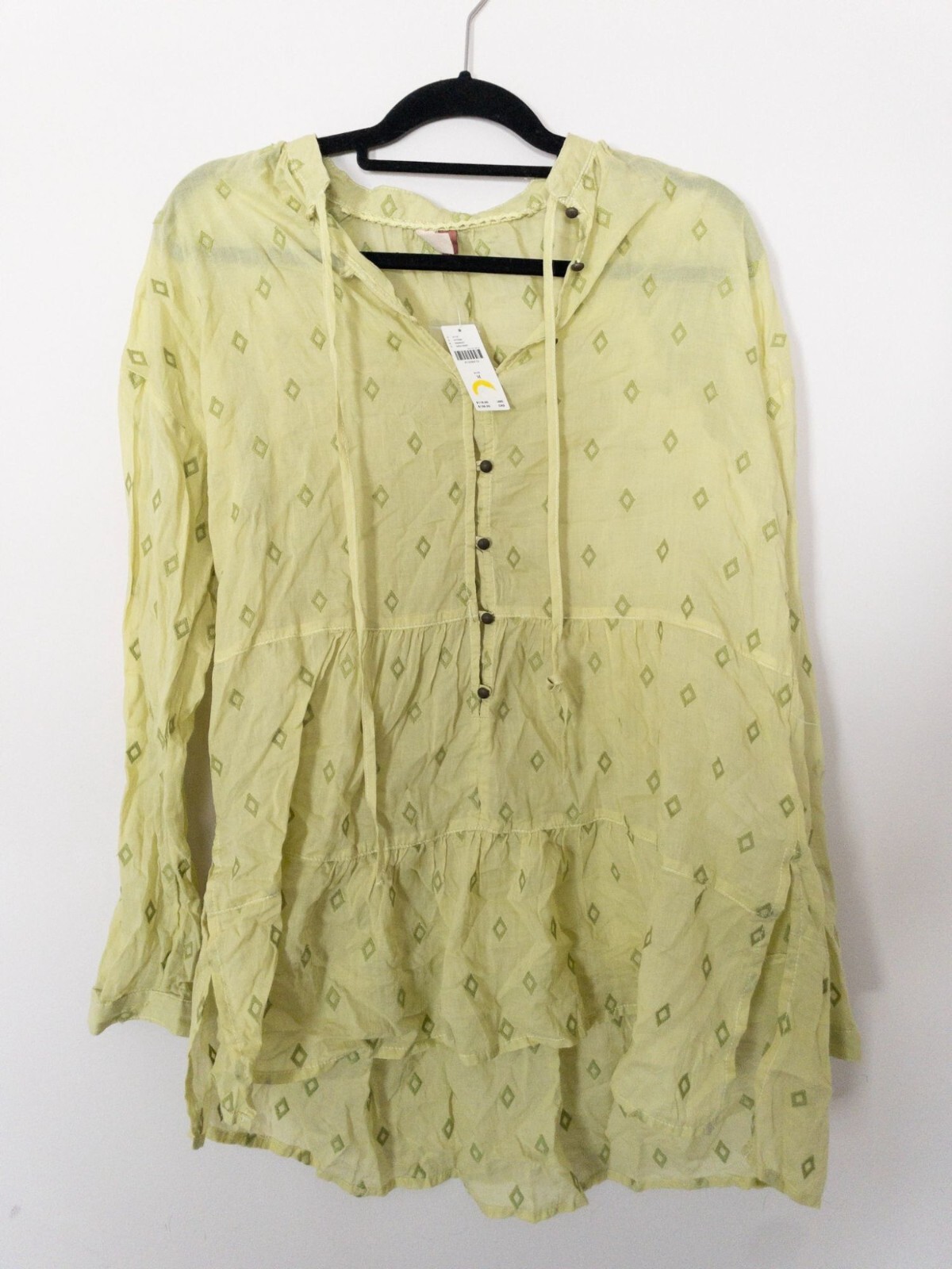 Pilcro Anthropologie Sheer Yellow Diamond Pattern Tunic Top Size M 100% Cotton