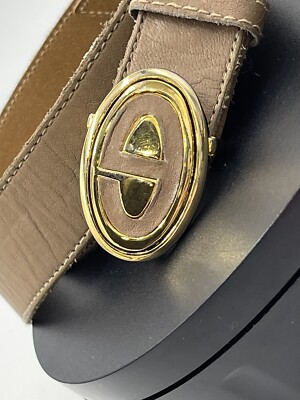 Christian Dior Tan Leather Belt Gold Tone Enamel Logo Buckle