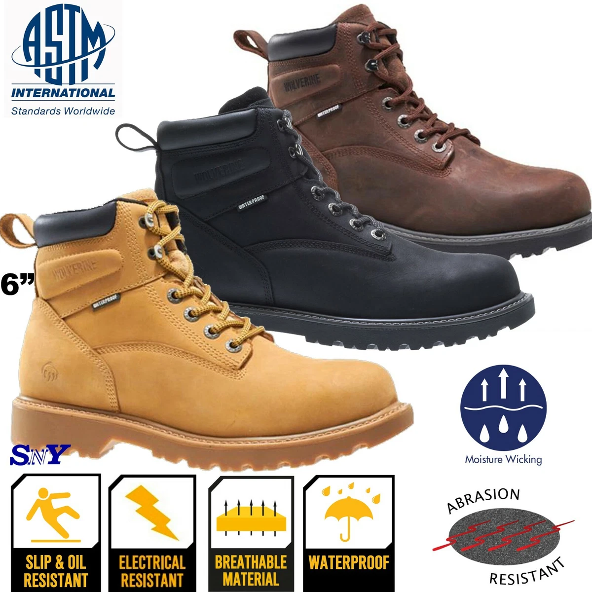 WOLVERINE Men s Waterproof Soft Toe Leather Moisture Wicking Work Boots EH wv