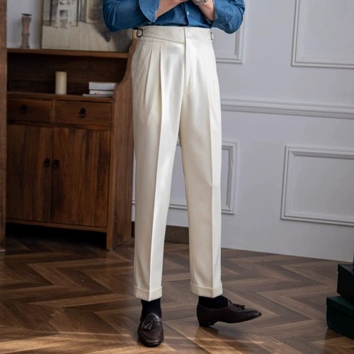 Air Breathable Men Pants with Belt Pleated Formal Tuxedo Suit Wedding 9-Point - Picture 4 of 12