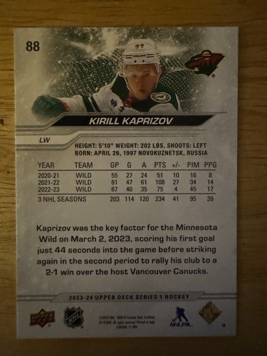 2023-24 Upper Deck Series 1 - #88 Kirill Kaprizov - Picture 2 of 2