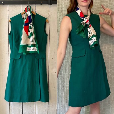 Vintage 60s Forest Green Linen Scooter Tulip Skirt Dress Scarf Adele  Simpson M