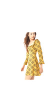 Urban Outfitters Womens Yellow Plaid Dark Academia Ruffle Neck Dress Sz M