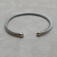 David Yurman 4mm Classic Cable Sterling Silver Bracelet & 18k Gold Dome Bangle L