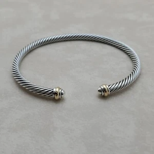 David Yurman 4mm Classic Cable Sterling Silver Bracelet & 18k Gold Dome Bangle L