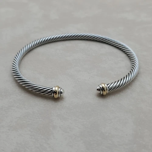 David Yurman 4mm Classic Cable Sterling Silver Bracelet & 18k Gold Dome Bangle L
