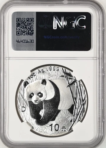 China 2001 D 1oz Silver Panda Coin, NGC MS69 mint error