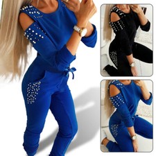 2PCS Women's Tracksuit Long Sleeve Tops  Pants Cold Shoulder Casual Lounge Wear
