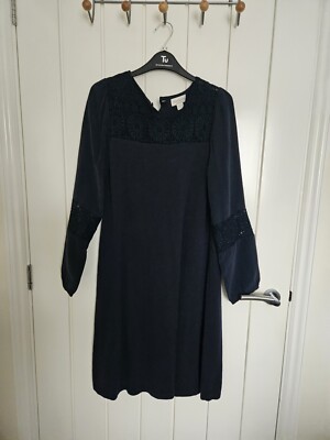 Monsoon Knitted Navy Dress With Silk And Lace Sleeve | eBay UK