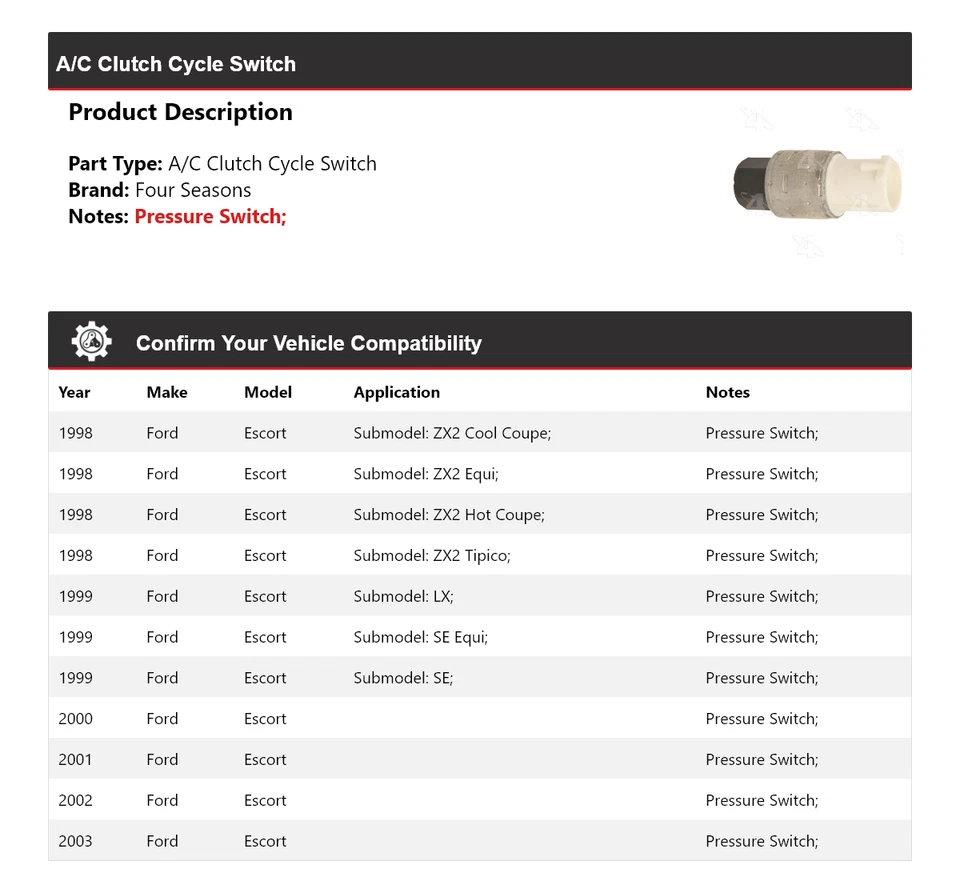 Interruptor de ciclo de embrague aire acondicionado Ford Escort 1998-2003 4 estaciones 1999 2000 2001 2002 Foto 2 de 4