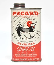 VINTAGE PECARD NEVER LEAK SHOE OIL DUCK ILLUSTRATION OIL CAN TIN