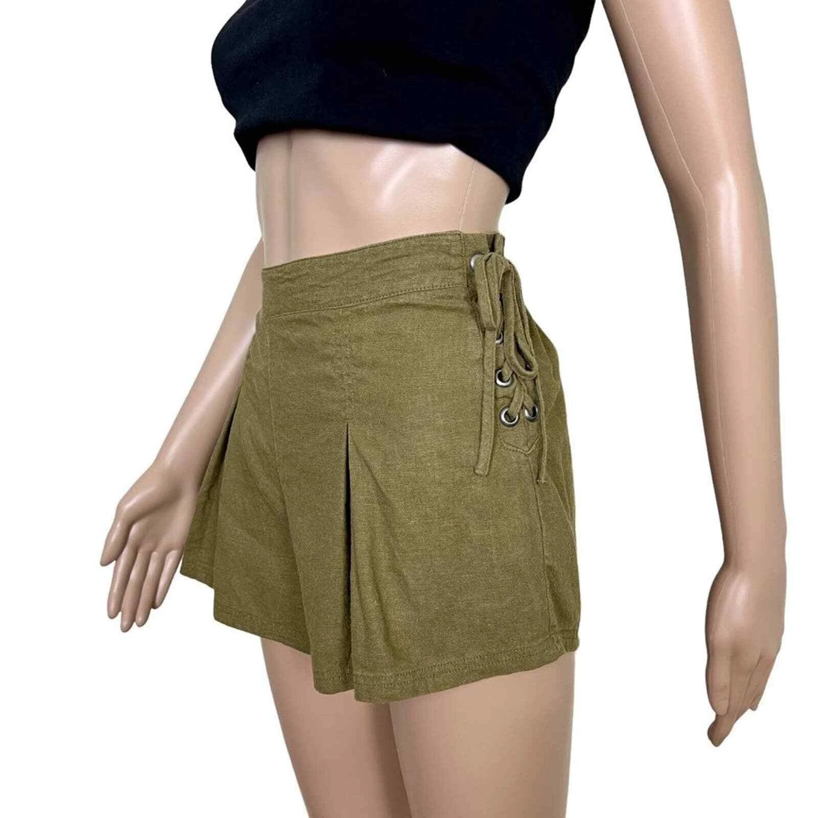 Free People Womens Silver Springs Linen Shorts XSmall Olive Green LaceUp Pleated