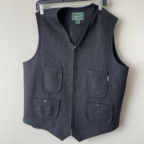 Woolrich Wool Vest Mens Large Gray Pinstripe Zip Hunting Outdoor Grandpacore - Picture 2 of 9