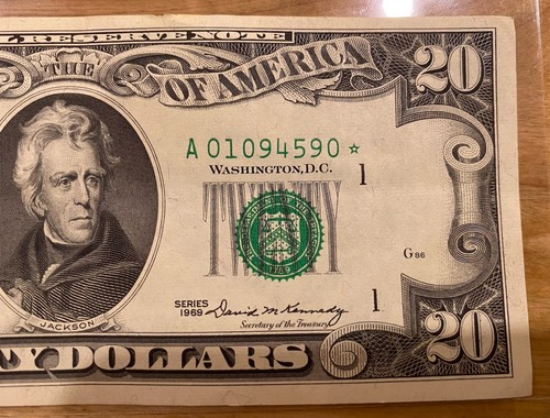 1969 $20 STAR Note Misaligned Third Printing — Low Treasury Seal & Serial # - Picture 3 of 6
